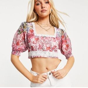 Hope & Ivy Puff Sleeve Floral Lace Crop Top Women's Square Neck Women's 8
